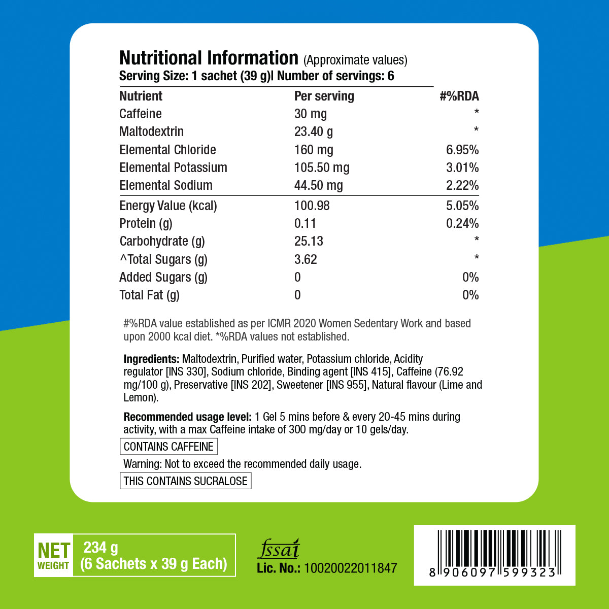 Energy Gel Lime&Lemon Caffeinated 39g Pack of 6 + Energy Gel Caramel Coffee Caffeinated 39g Pack of 6