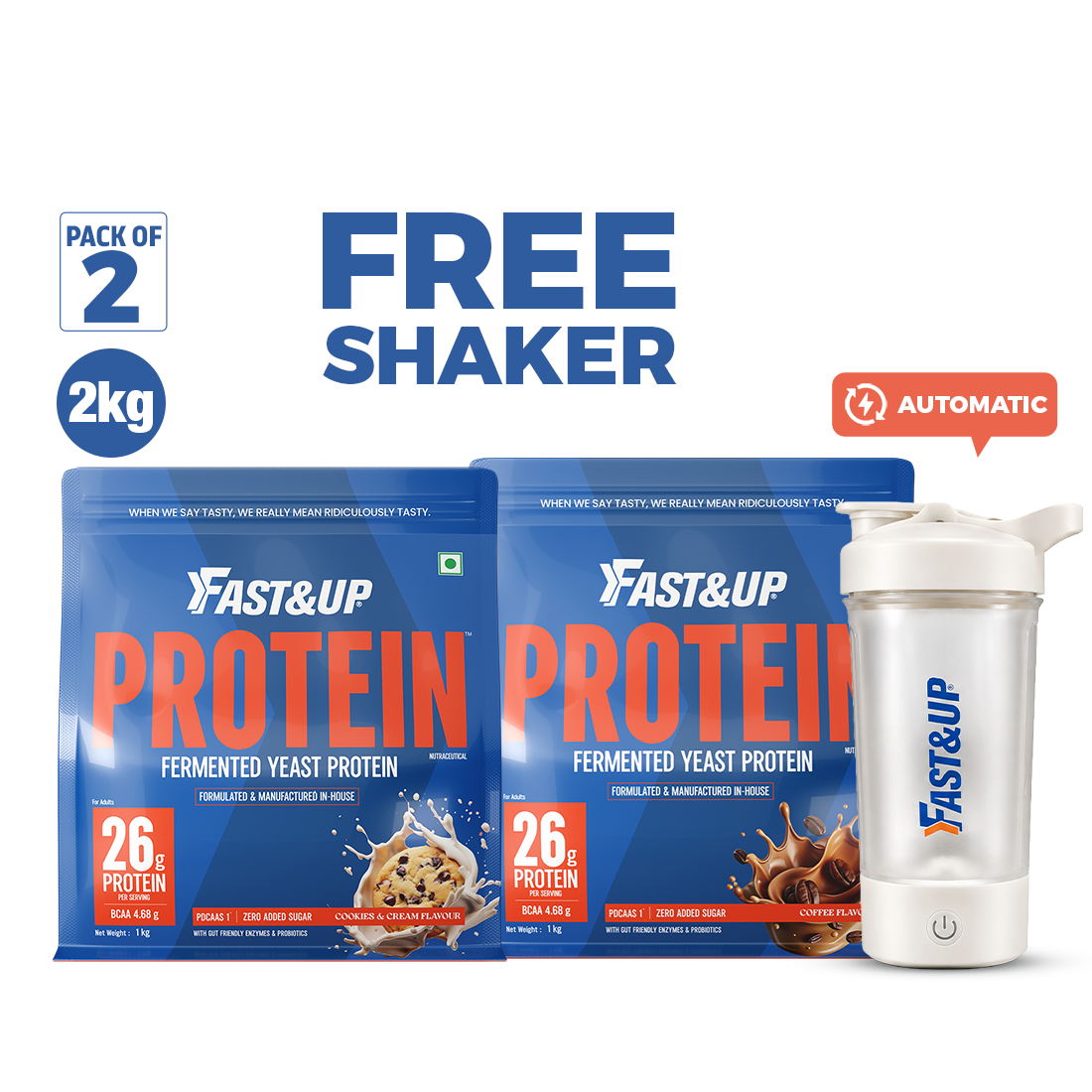 Yeast Protein 2kg + Automatic Shaker (Cookies & Cream 1kg + Coffee 1kg)