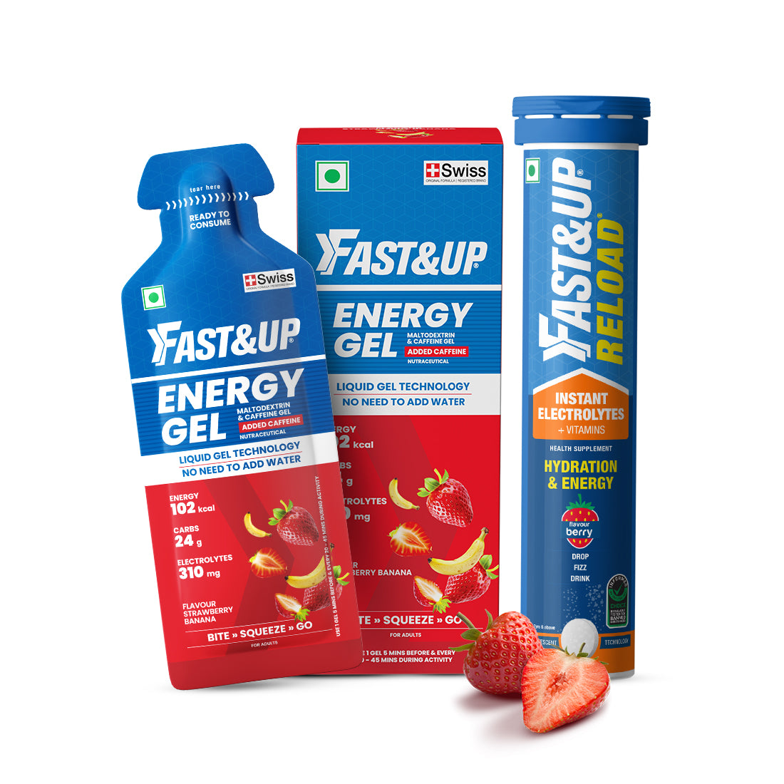 Reload Low Sugar Instant Hydration Drink + Energy Gel Instant Energy Combo - Berry + Strawberry Banana