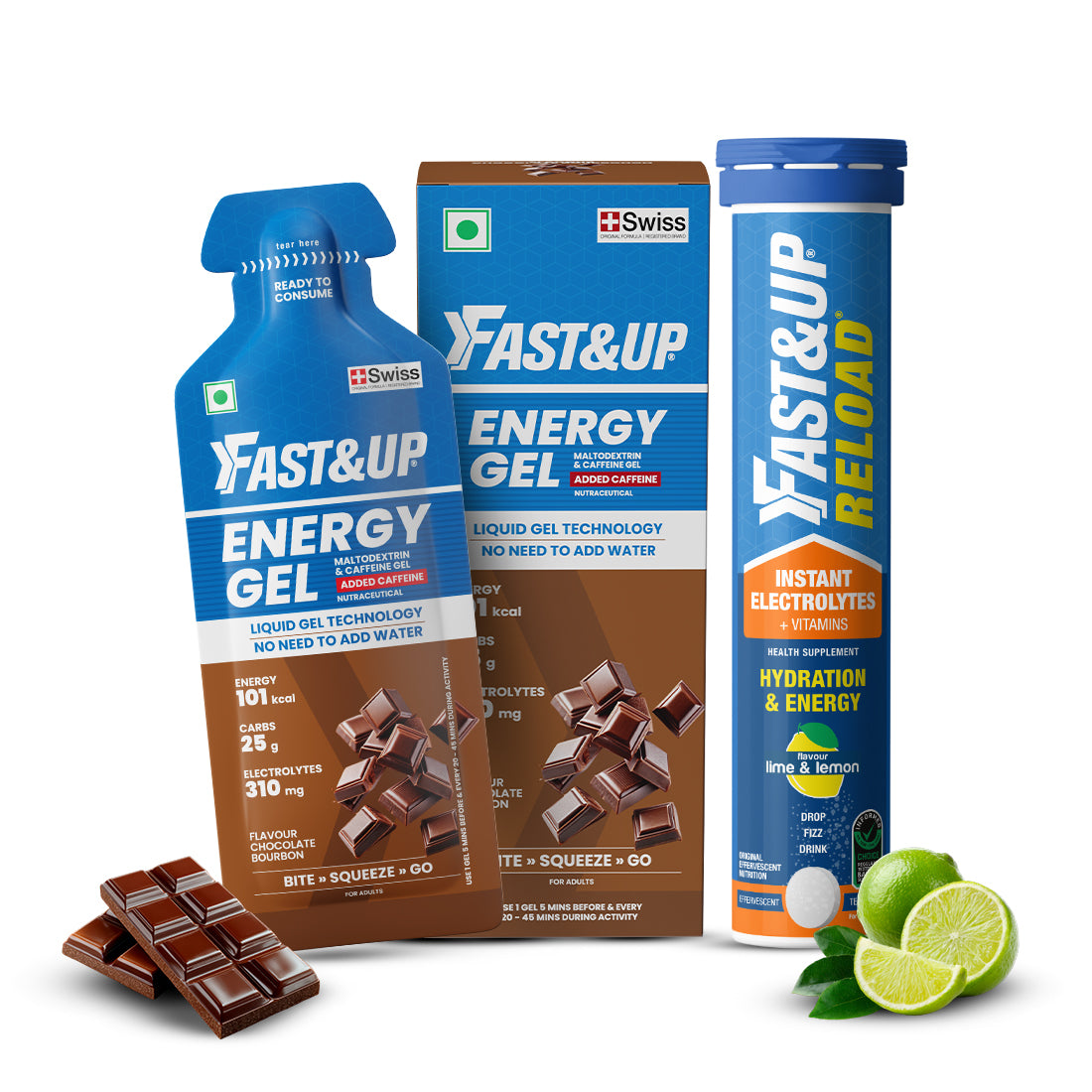 Reload Low Sugar Instant Hydration Drink + Energy Gel Instant Energy Combo - Lime&Lemon + Chocolate Bourbon